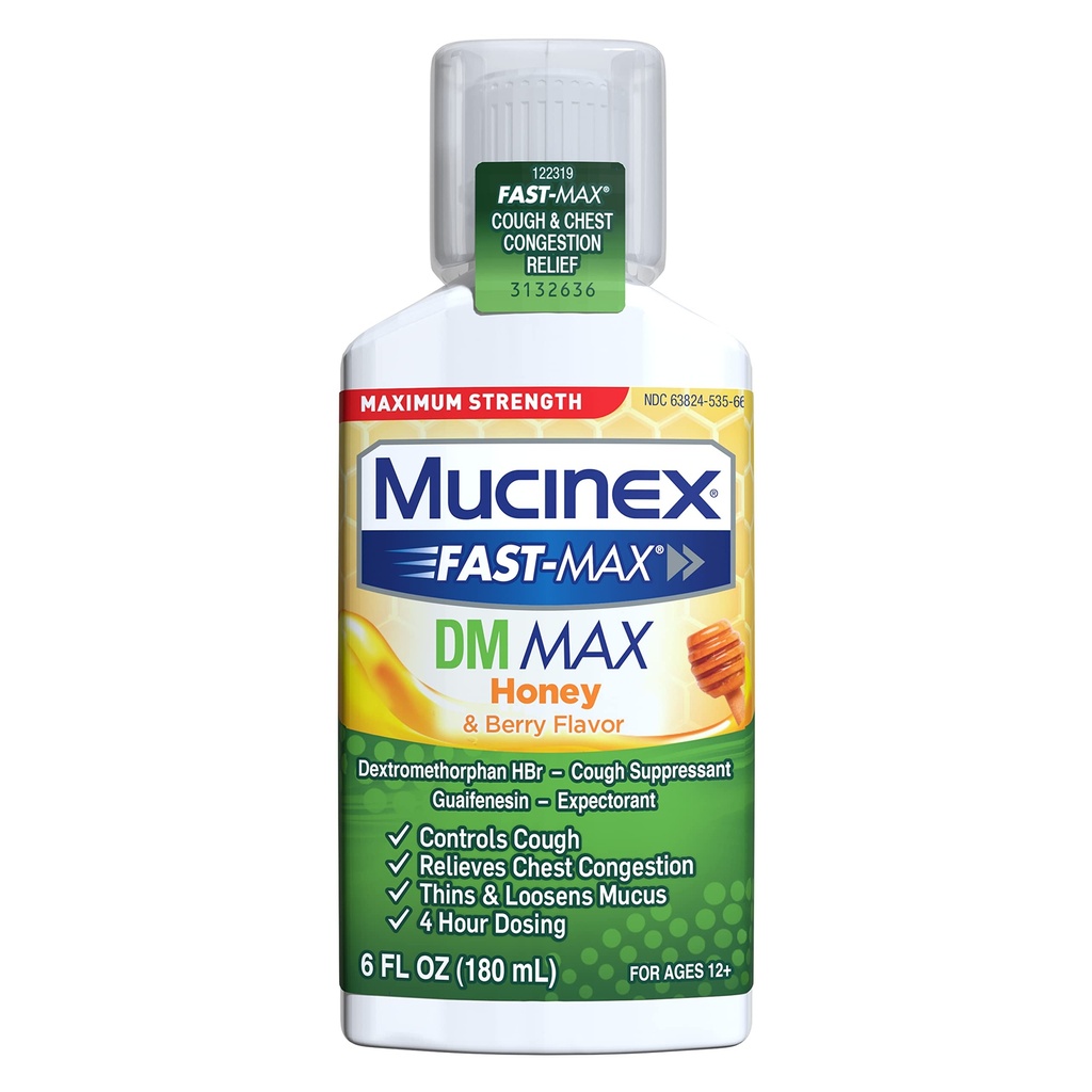 Mucinex Fast-Max Putere maximă DM MAX, Simptom Relief, Tuse Suppressant și Expector, Honey & Berry Flavor, 6 FL OZ