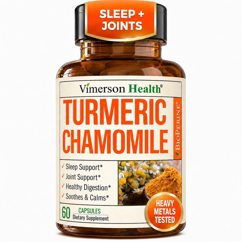 Supliment turmeric & Capsule de mușețel pentru somn - Supliment de somn ecologic Turmeric cu extract de flori de mușețel (Manzanilla) - Relaxare și suport de stres - Joint & Digestive Health. 60 Capsule