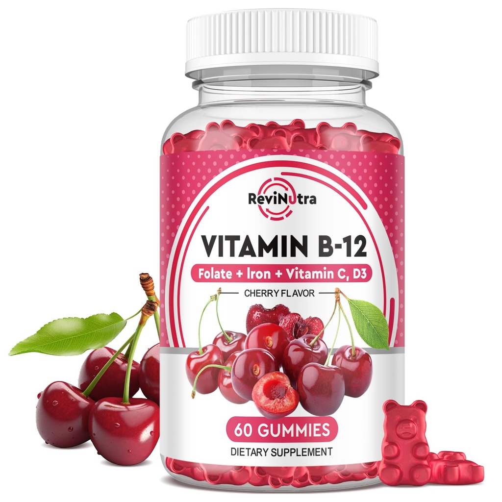 Vitamina B12 Gummies - 5000 mcg Metilcobalamină cu fier, vitamina C, D3 & Folat, suport energetic și metabolice, Imun, B-12 Complex Supliment masticabil pentru bărbați și femei, Vegan- 60 Conte