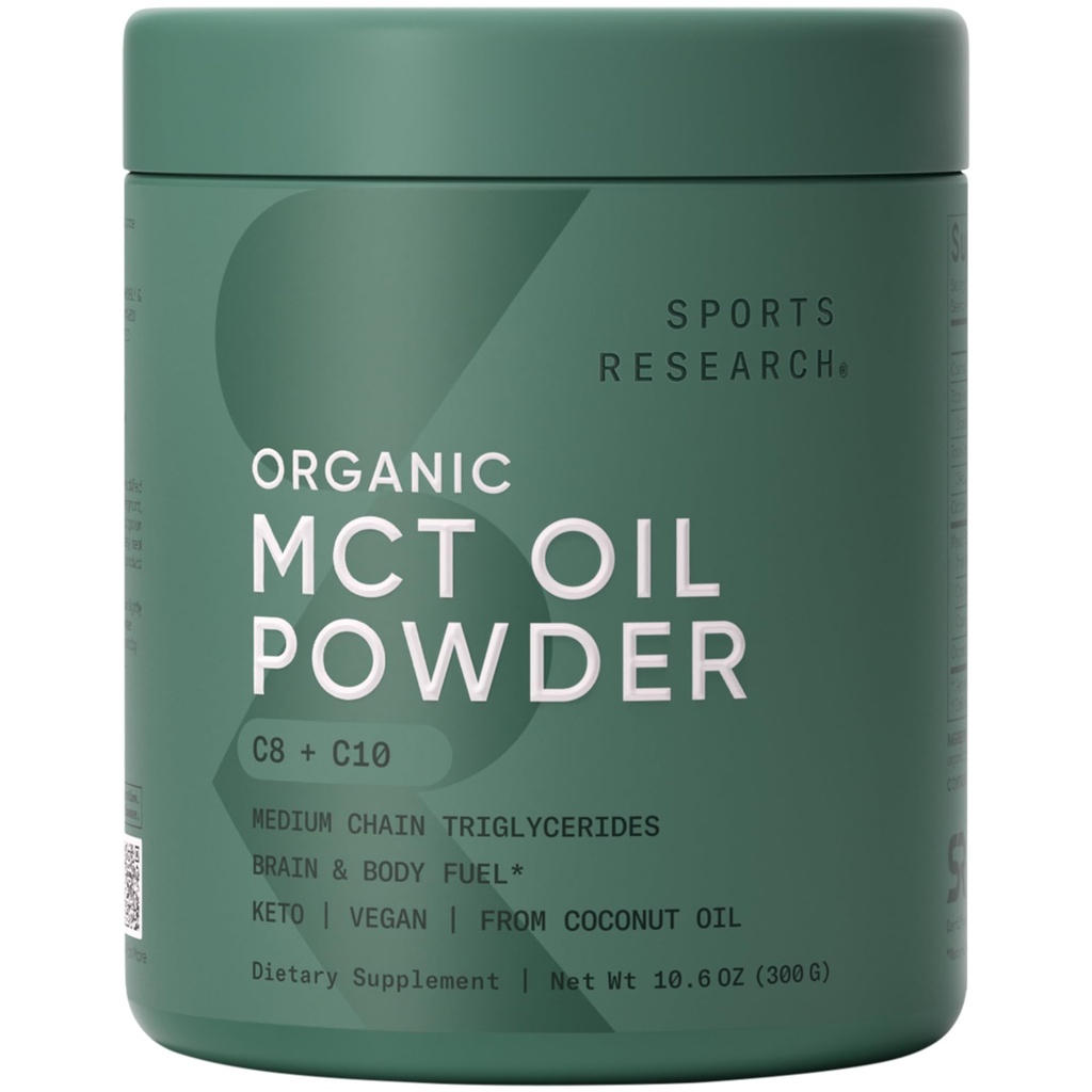 Sports Research Organic MCT Oil Powder - Keto & Vegan MCTs C8, C10 din nuci de cocos - Acid gras Brain & Body Fuel, Non-GMO & Gluten Free - Nearomat, Perfect în cafea, Ceai & Proteine Shakes - 10,6 oz