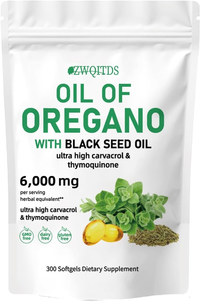 Ulei de Oregano cu ulei de semințe negru 2-in-1 Softgels 6000mg 300 Conte non-GMO Suport imun Formula Herbal