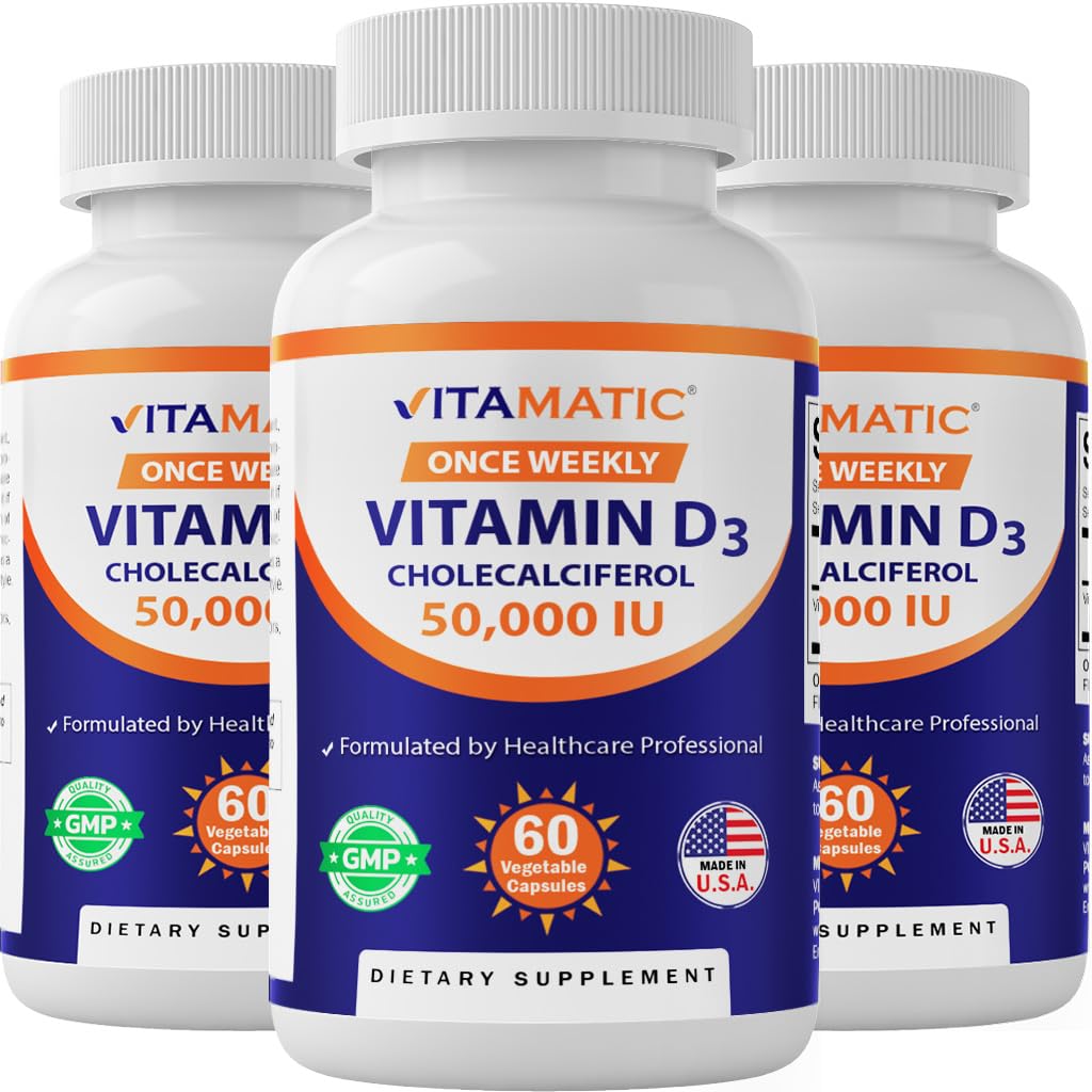 Vitamatic 3 Pachet Vitamina D3 50000 UI (sub formă de Colecalciferol), O dată pe săptămână doză, 1250 mcg, 60 Capsule vegetale 1 an de aprovizionare, Formula progresivă care ajută la deficitele de vitamine