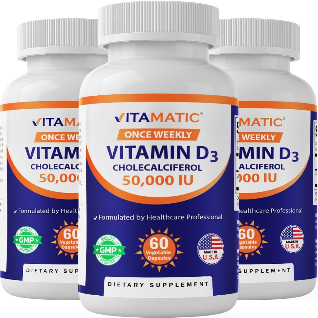 Vitamatic 3 Pack Vitamin D3 50,000 IU (as Cholecalciferol), Once Weekly Dose, 1250 mcg, 60 Veggie Capsules 1 Year Supply, Progressive Formula Helping Vitamin D Deficiencies