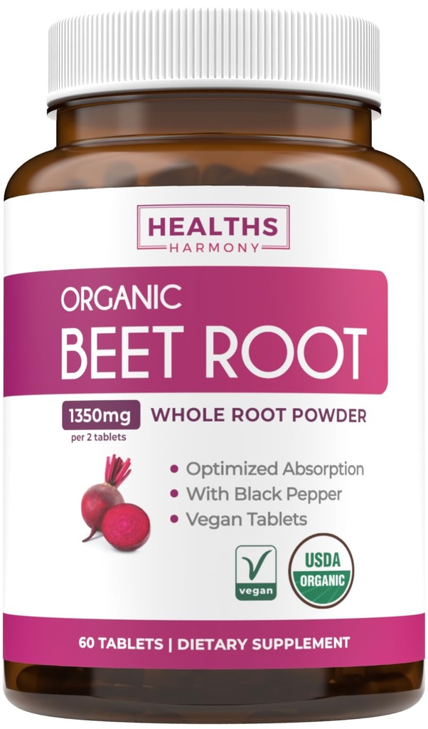 USDA Organic Beet Root Powder (60 comprimate) 1350 mg Sfecla per servire cu Black Pepper pentru extra absorbţie - Super Antioxidant şi Nitrat Supliment pentru performanţă sportivă şi rezistenţă - Nu capsule