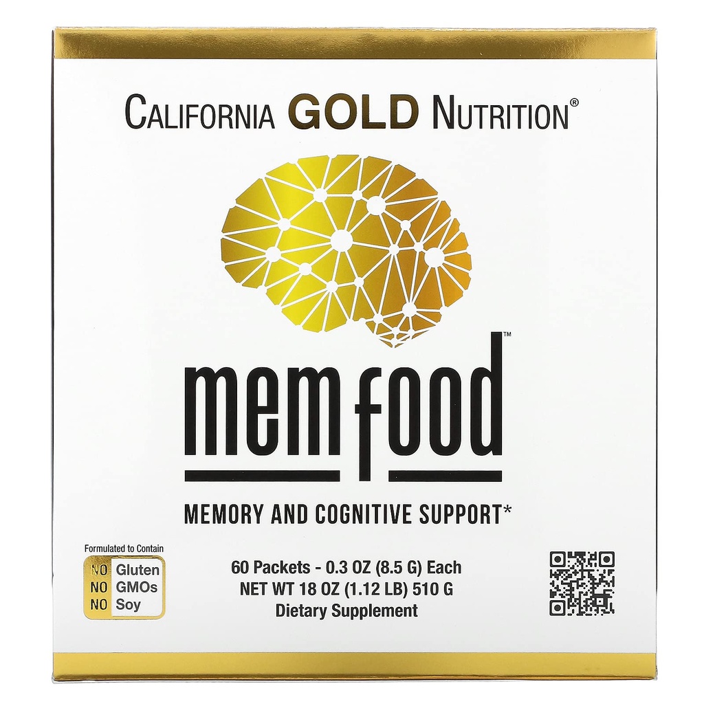 California Gold Nutrition MEM Food, Memory & Cognitive Support with MEM Blend, L-Serine, Organic Lion's Mane and Blueberry Juice Powder, 60 Packets, 0,3 oz (8,5 g) Fiecare