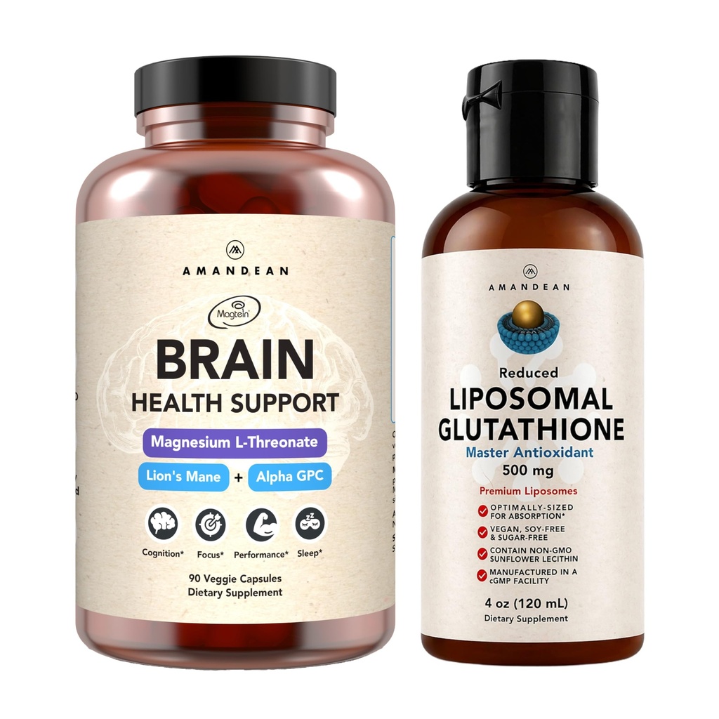 AMANDEAN Premium Brain Health Supplement & Liposomal Glutatione Bundle. Formula triplă cu magneziu L-Treonat, SUA-Grown Organic Lion