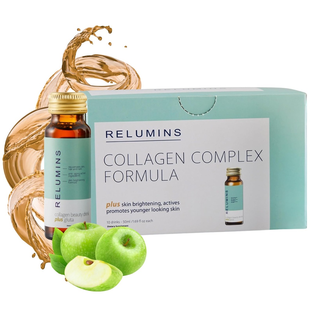 Relumins Advanced Colagen Beauty Drink with Glutatione, Hyaluronic Acid & Antioxidanti - Post-Summer Skin Recovery & Made in USA - Apple Flavor - 10 Sticle x 50mL