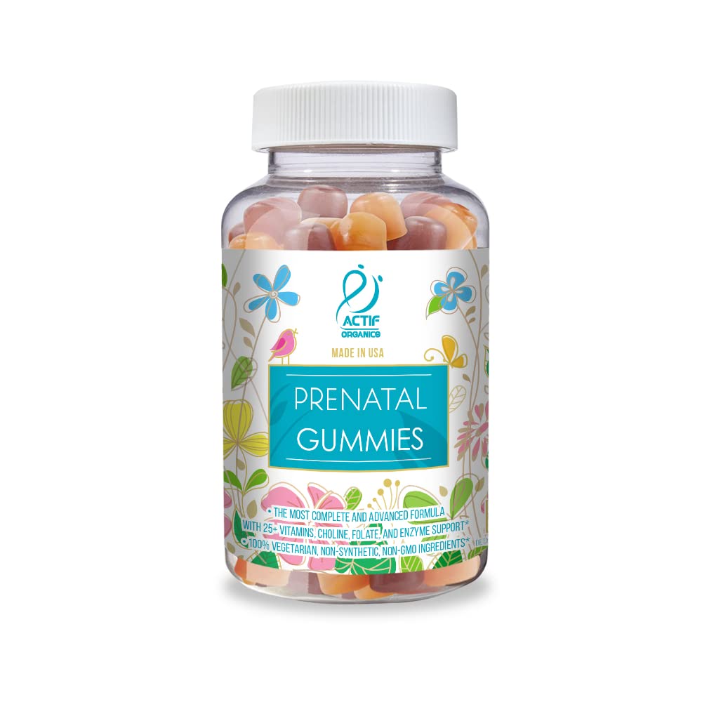 Actif Gummies prenatale cu 25+ Vitamine organice și Blend de plante organice - Non-GMO, 100% Vegetarian, 90 Conte, Made in USA