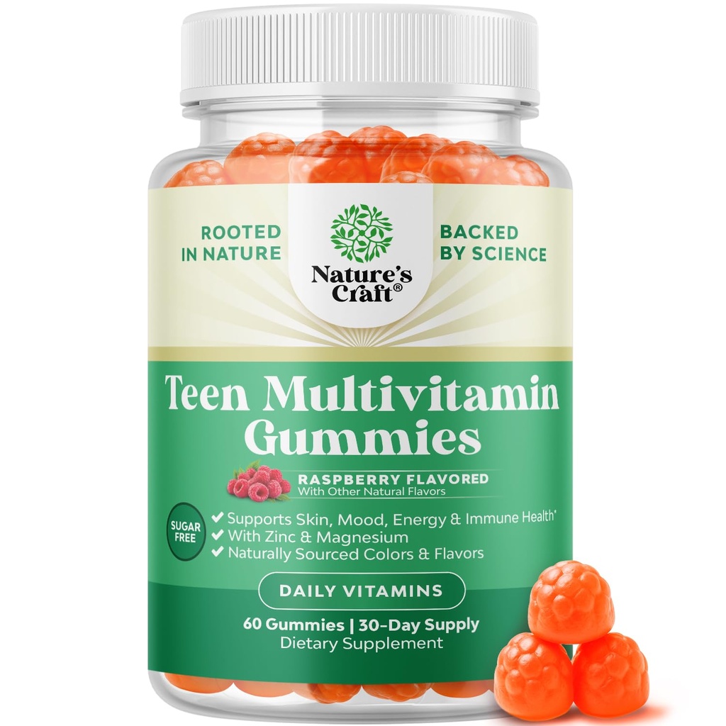 Teen Multivitamine Gummies 12-17 - Teen Boys & Girls Gummy Vitamine pentru o mai bună piele, Immune Putere, Mood & Energy Support - Teenage Girl & Boy Suplimente cu Zn, Mg, Vitamina A, C, D & E - 60 Ct