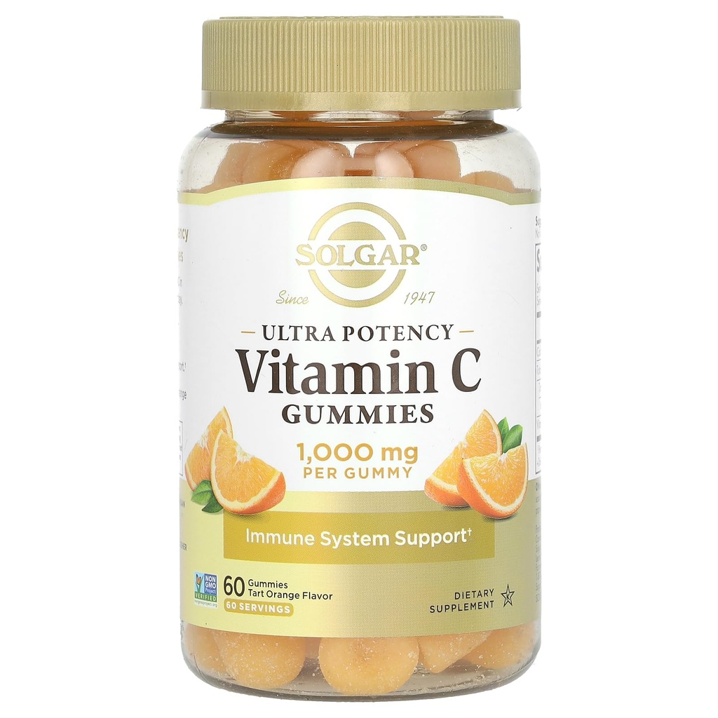 Solgar Vitamina C Gume pentru adulți 1000 mg Ultra Potență Vitamina C Sistem imunitar Suport pentru femei și bărbați - Tasty Tart Orange Flavor, Vegan & Gluten-Free Gummy, 2 lună de aprovizionare, 60 Serviri, 2g zahăr