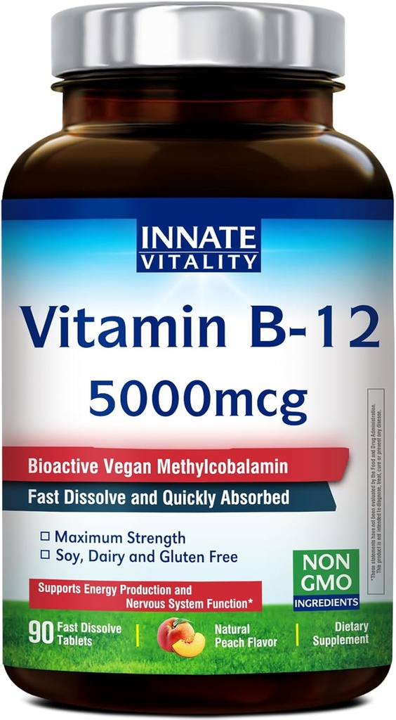 Innate Vitality Vitamin B12 5000mcg, Sublingual, Vegan Methylcobalamin, Fast Dissolve Tablets, Natural Peach Flavor, Supports Energy Production & Healthy Nervous System, 90 Tablets