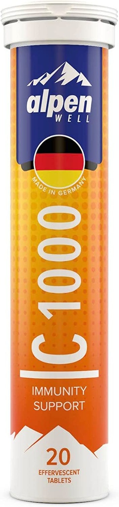 Bestseller - AlpenEll Vitamina C - 1000mg + Zinc - Suport imun - 20 Efervescent Vitamina Drink Tablets, No Sugar + Low Calorie Supliment, Orange Flavor [Sugar Free]