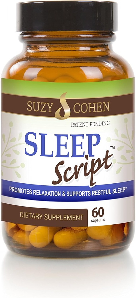 Suzy Cohen Script de somn cu Melatonina - Botanica de somn și relaxare Formula pentru adulți pentru Mood, Stres și somn, conține 5-HTP, L-theanină, flori de pasiune, Lemon Balm și GABA 60 capsule.