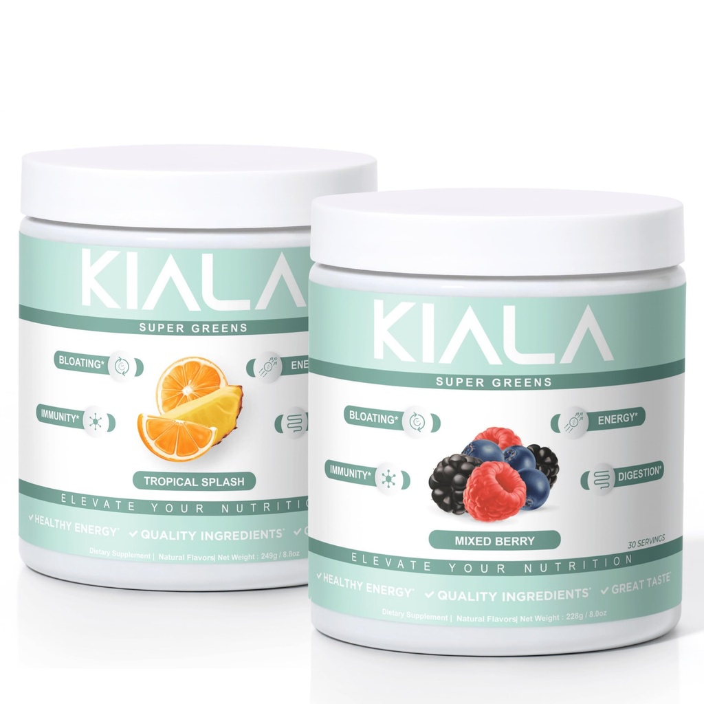 Kiala Nutrition Super Greens, Greens Organic Powder, Spirulina & Chlorella Superfood Powder, Sugar & Gluten Free Vegan, Spectra Blend, Tropical Slush, Mixed Berry 2 Pack