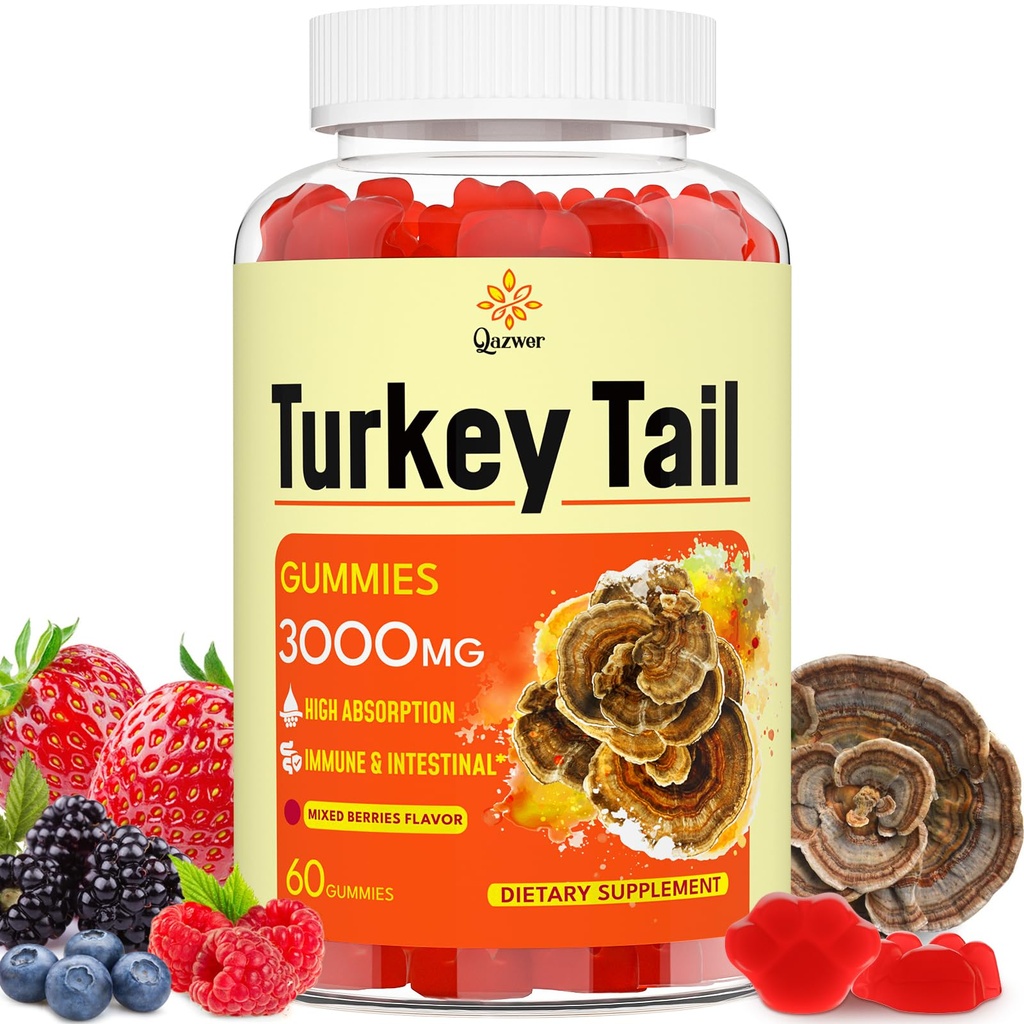 Turkey Tail Mushroom, Turkey Tail (100% Fruiting Body, 40% Beta Glucans) adauga Black Pepper, Mushroom Gummies for Gut, Energy, Brain & Immune Support, Mixed Berries Flavor 