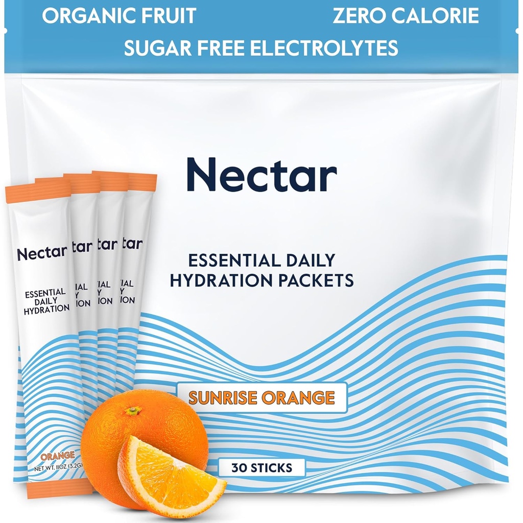 Pachete de hidratare nectar - Pachete cu praf de electroliză - Fără zahăr sau calorii - Lichid cu fructe organice Daily IV Electroliti Pulbere pentru dehidratare și rehidratare rapidă (Orange 30 Pack)