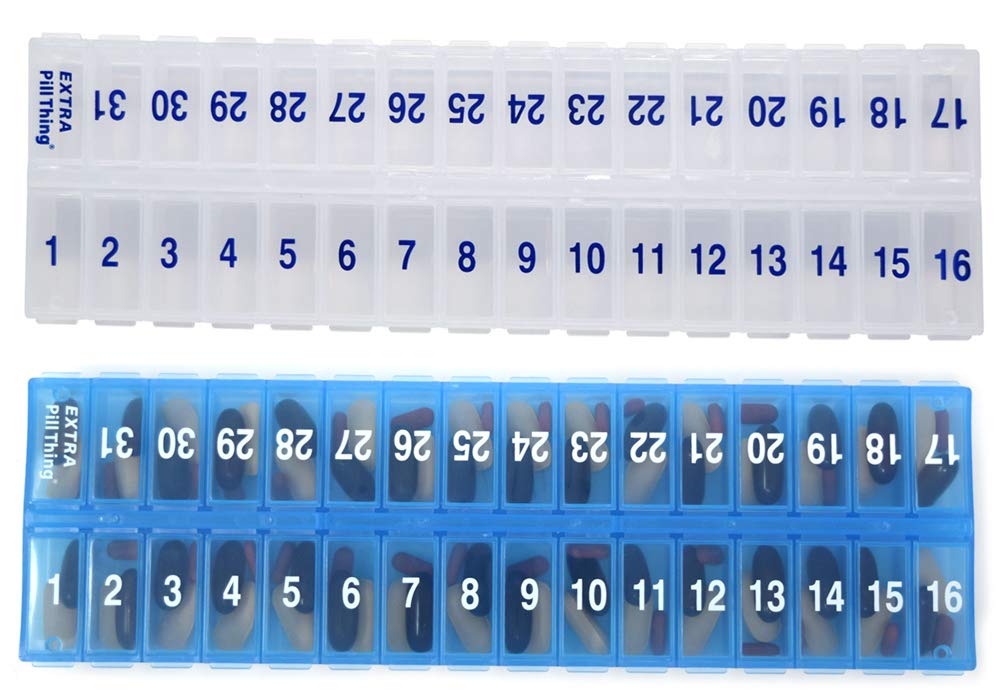 AM PM 31 zi o dată-o zi Organizatori lunar pastile - Compartiment mare cutii pastile Magazin medicamente pentru întreaga lună Plus Compartiment pentru pastile suplimentare (AM/PM Clear & Blue) BPA gratuit