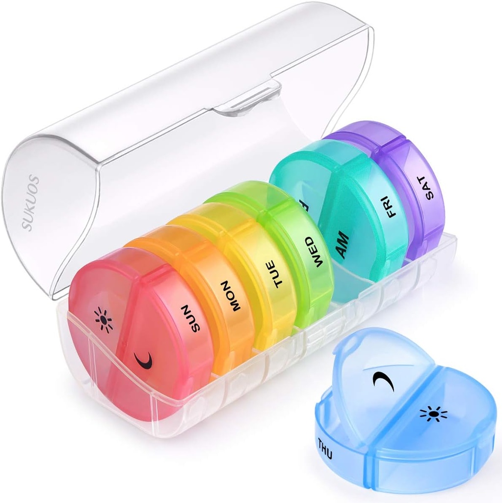 Sukuos Larg Weekly Pill Organizator 2 ori pe zi, Daily Pill Box 7 zile Easy to Open with Dublu Protection, AM PM Pill Case pentru Medicina/Vitamin/Fish Oil/Supplements (Clear)