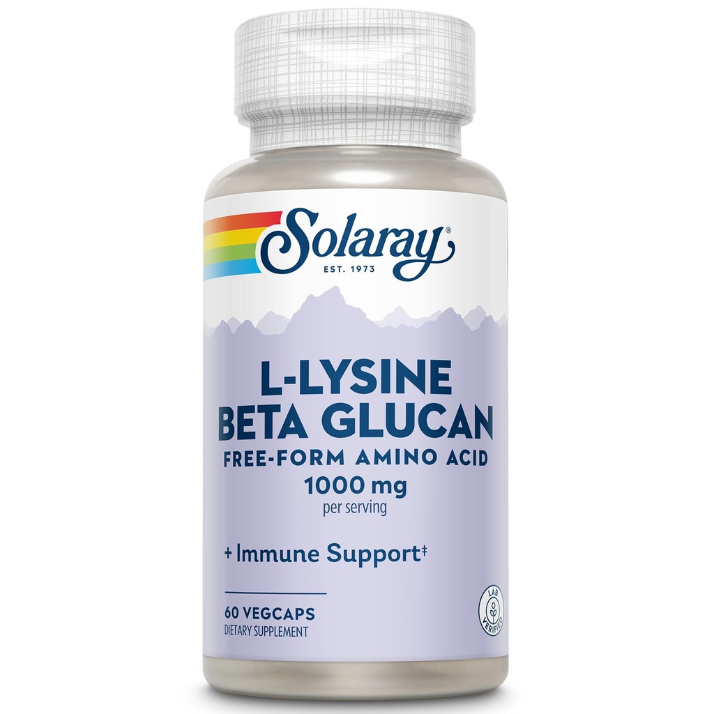 SOLARAY L-Lysine cu Beta Glucan, Free Form Amino Acid, L-Lysine 1000mg Capsule, Supplement de sprijin imun, Sanatos Skin and Lips Support, 60-Day Guarantee, Lab Verified, 30 Servings, 60 VegCaps