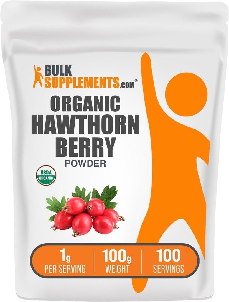 BulkSupplements.com Organic Hawthorn Berry Powder - Herbal Supplement, Hawthorn Berry Organic - Vegan & Gluten Free, 1g per Serving, 100g (3.5 oz) (Pachet de 1)