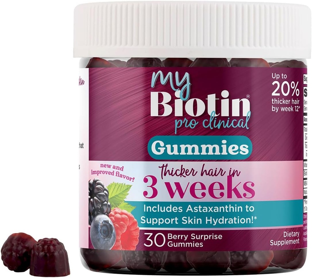 Produse de puritate MyBiotin ProClinic Gumies - parul mai gros incepand in 3 saptamani si lupte riduri - MB40X Biotin Matrix w/Astaxantină - 40X Mai mult Soluble vs Biotina Ordinar 30 Berry Gummy Chews