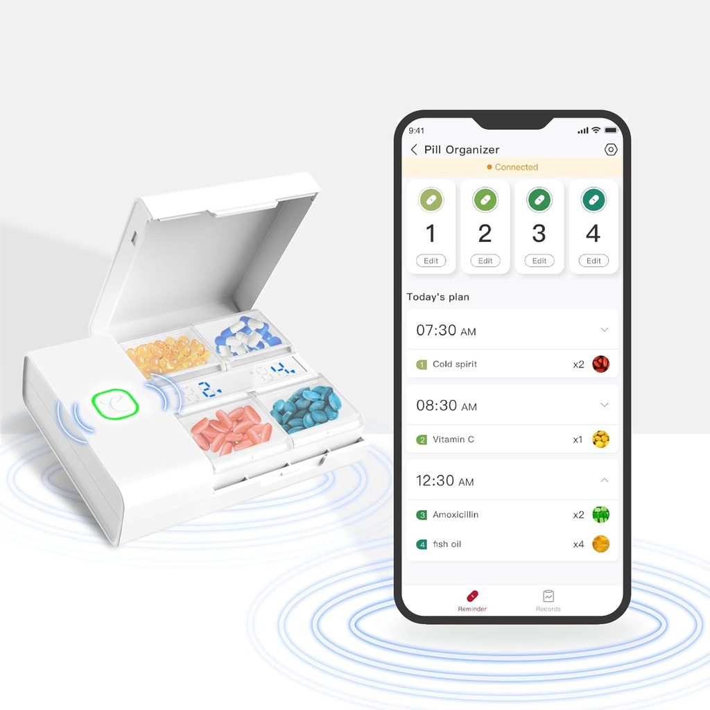 Cutie de medicamente Comfytemp - Organizator de medicamente inteligente cu App gratuit, Planul de pastile pe cutie de pastile, Alarm Reminder, 4 Compartimente mari, Reîncărcabil cutie de pastile de călătorie portabile pentru medicamente / vitamina / suplimente