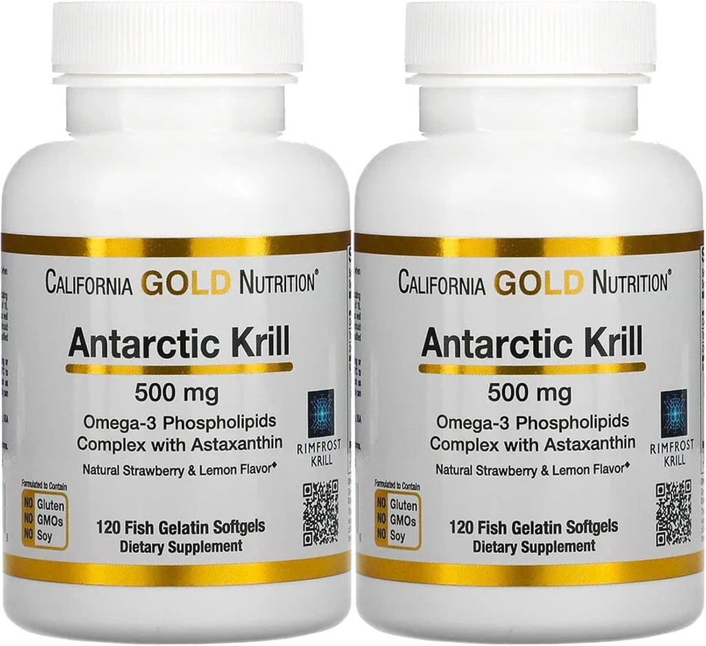 California Gold Nutrition Antarctic Krill Oil, Ultra-High Omega-3 cu Astexanthin, Natural Strawberry & Lemon Flavor, Non OMG, Gluten Free, 500 mg, 120 Fish Gelatina Softgels, 2 Pack