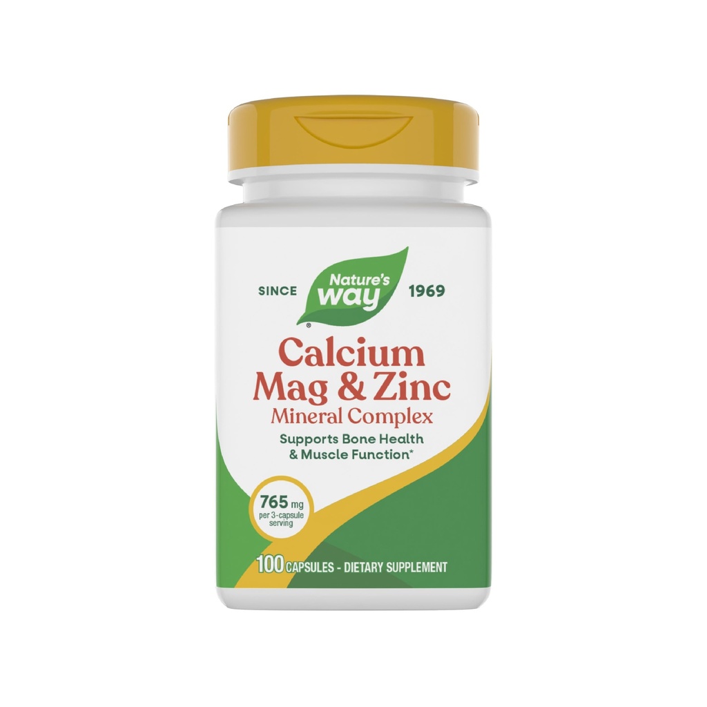 Natura's Way Calciu Magneziu & Zinc Mineral Complex, Sustine sanatatea osoasa si functia musculara*, Suport Immun*, 765 mg per 3-capsule servire, Gluten gratuit, 100 Capsule (Packing May Vary)