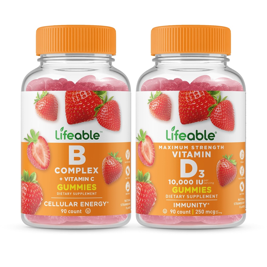 Complex B cu viață + vitamina D 10000 UI, Gummies Bundle - Tasting mare, Supliment de vitamine, Gluten gratuit, OMG-uri fără, Masticabil