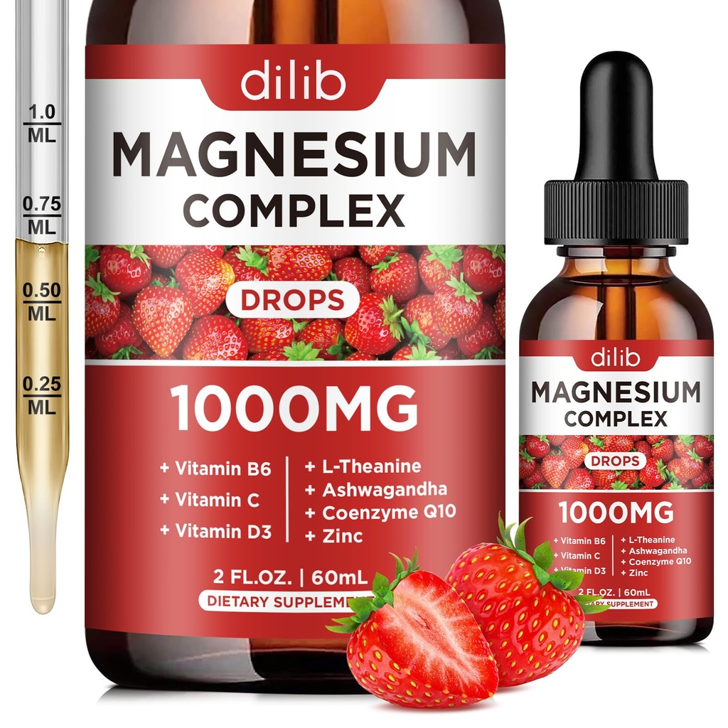 Triple Magneziu Complex Supliment, Magneziu Glicinate, Blend, Citrat Picături lichide 1000mg cu Ashwagandha, CoQ10, Vitamina B6, C, D, Zinc -Suport Calm Stress Relief, Bone, Muscle, Mood Vegan