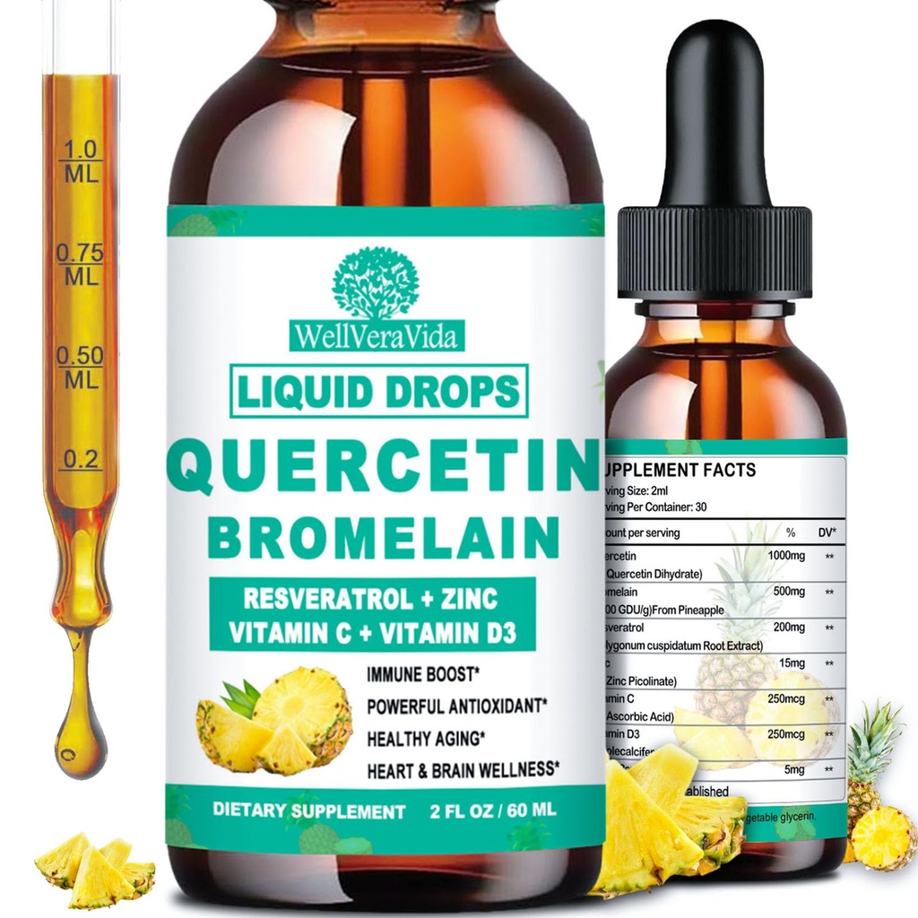 Querbetin cu picături lichide de bromelain, 4X mai puternice decât capsulele & pastile, 7-in-1 Organic Zinc Querbetin 1000 mg cu Bromelain 500 mg vitamina C D3 Imunity Support for Respiratory Health & Antioxidant