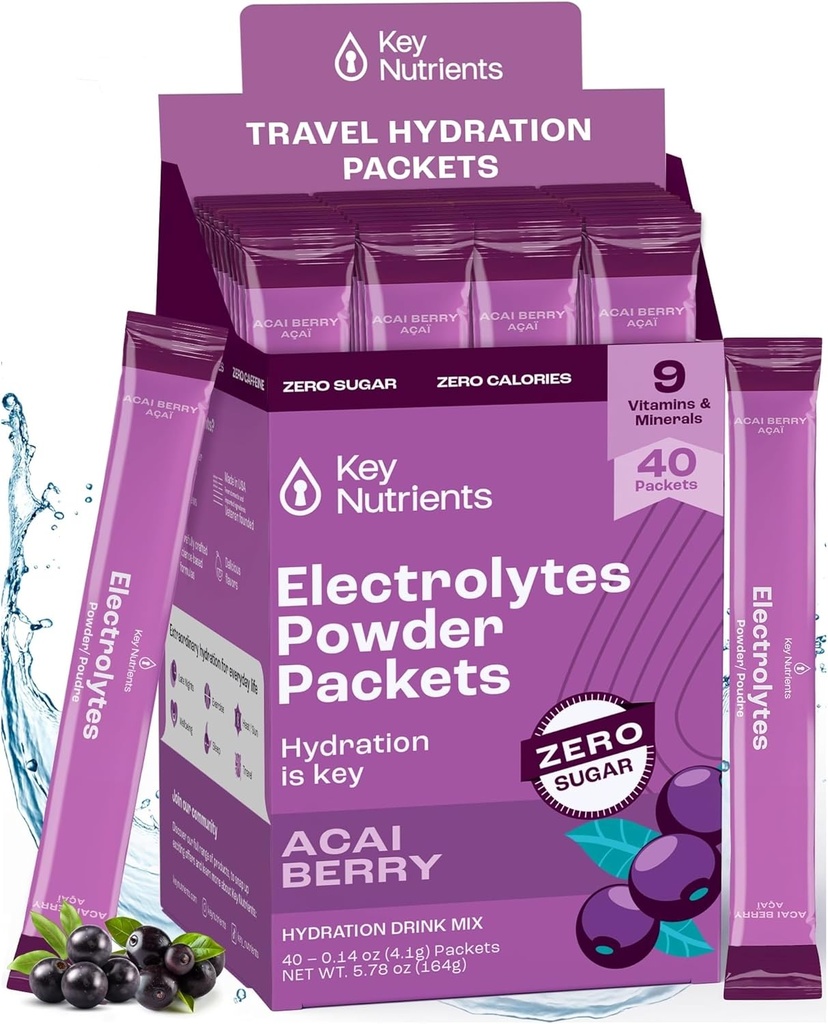 KEY NUTRIENTS Multivitamine Electroliti Pachete cu pulbere - Delicious Acai Berry 40 Pachete de hidratare - Praf de hidratare de calatorie - Fara zahar, fara calorii, Gluten Free - Made in USA