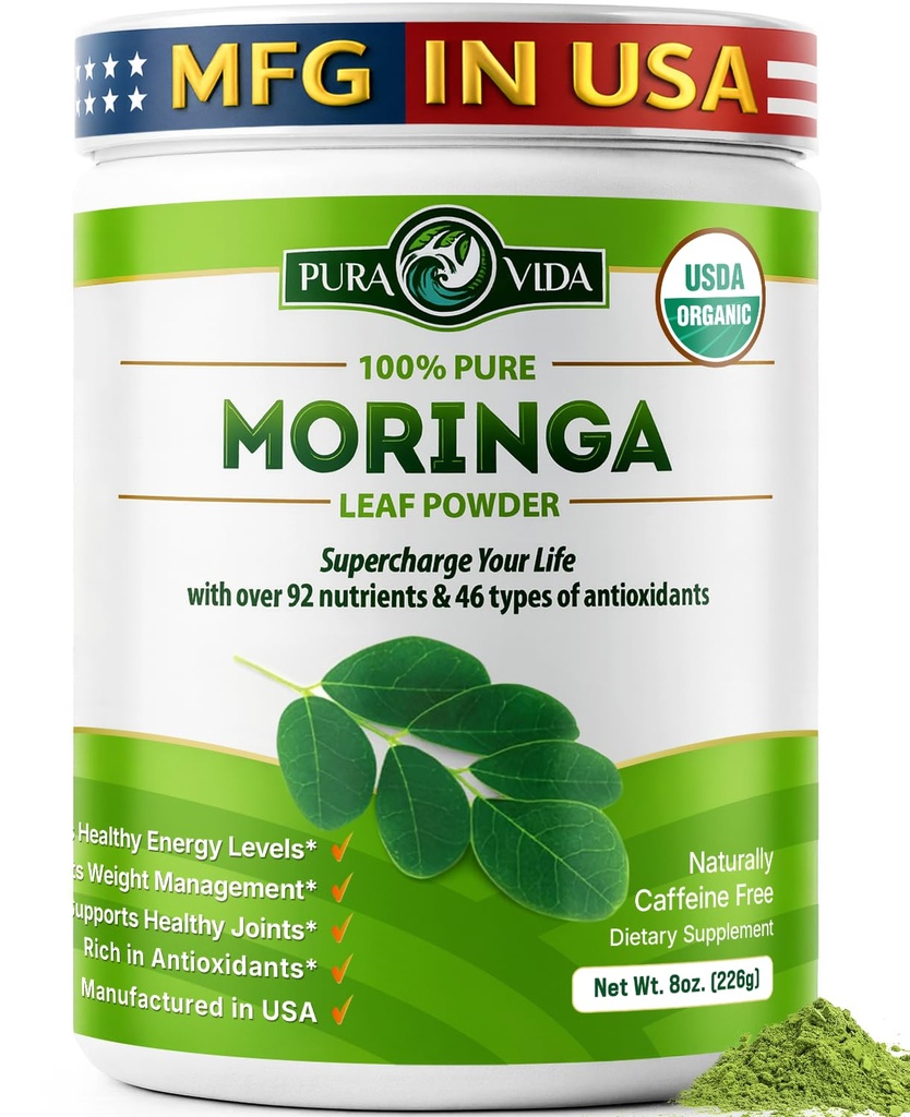 PURA VIDA MORINGA Powder Organic Single Origin - Premium 100% Leaf Powder, USDA Organic Moringa Oleifera, Moringa Leaf Powder - Perfect pentru Smoothies & Rețete. 8 oz.