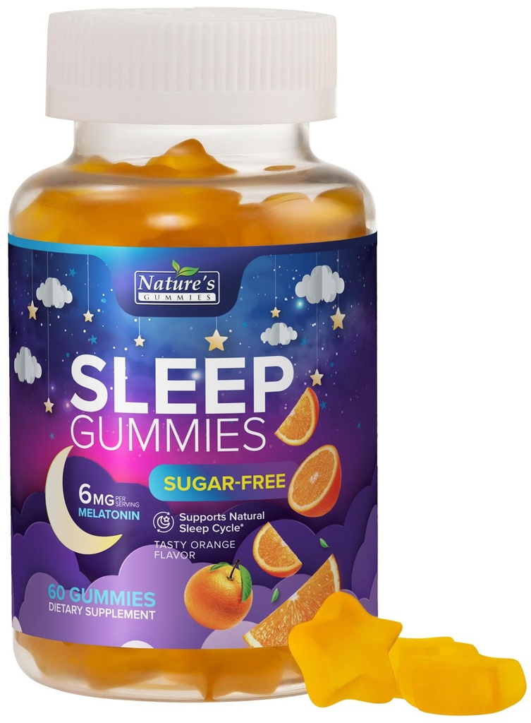 Guma de dormit Supliment 6mg - Sugar Melatonin Gummy gratuit pentru adulți, Natural Zero Sugar Gummy dormit pentru adulți, Copii, Orange Arostat, Vegan, Support suplimentar de somn Vitamina - 60 Gume