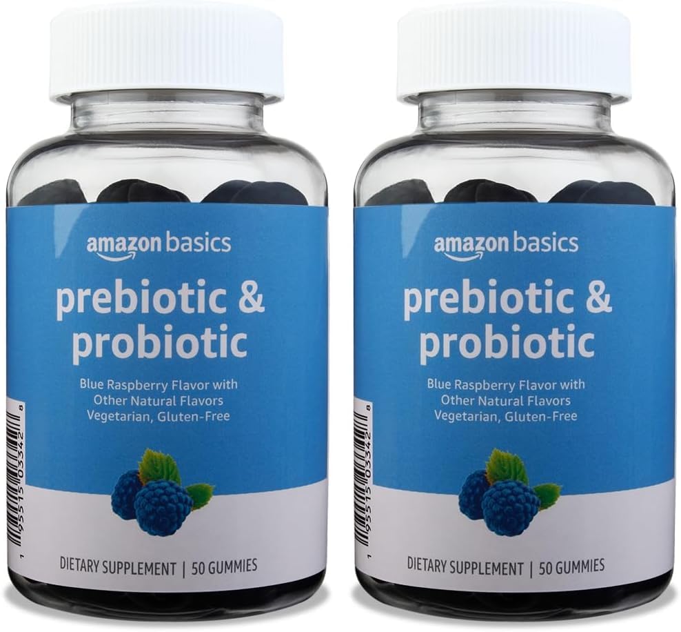 Basics Prebiotic & Probiotic Gummies, 2 miliarde CFU, Blue Raspberry, 50 Conte (2 per Serving) (precedent Solimo) (Pachet de 2)