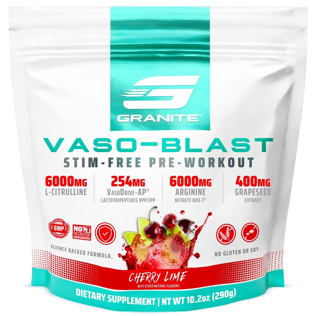 Granite Suplimente Vaso Blast, Aroma de tei de cireșe, Stimulant-Free Pre Workout pentru bărbați și femei cu extract de semințe de struguri, Arginine Nitrite, & VasoDrive-AP pentru Max Pump (20 Serviri)