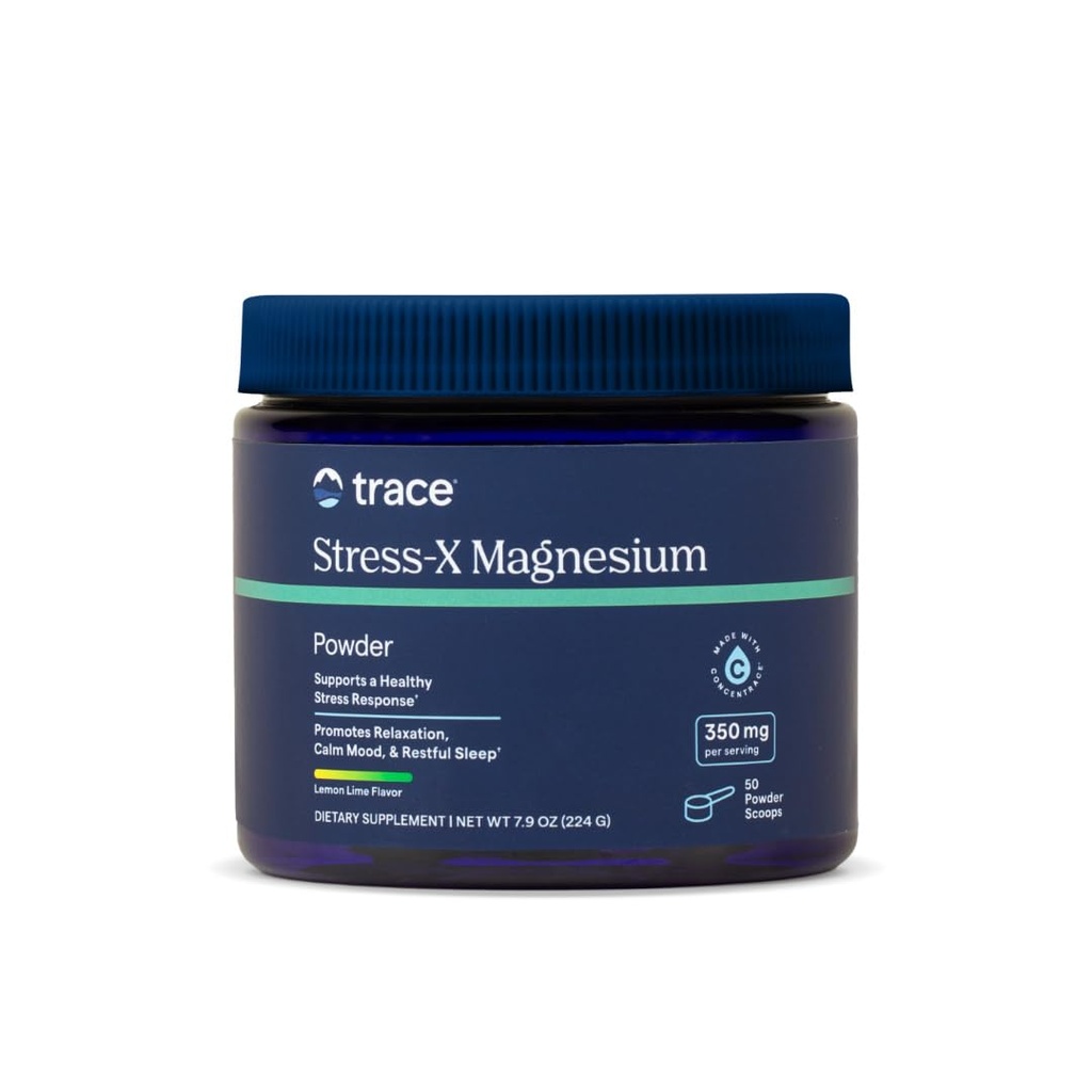 Trace Minerale Stress-X Magneziu, 350 mg - Powder Magneziu Supliment pentru sustinerea relaxarii musculare si recuperare - Suport de somn odihnitor Supliment mineral - Aroma de lamaie, 7,9 oz (50 serviri)