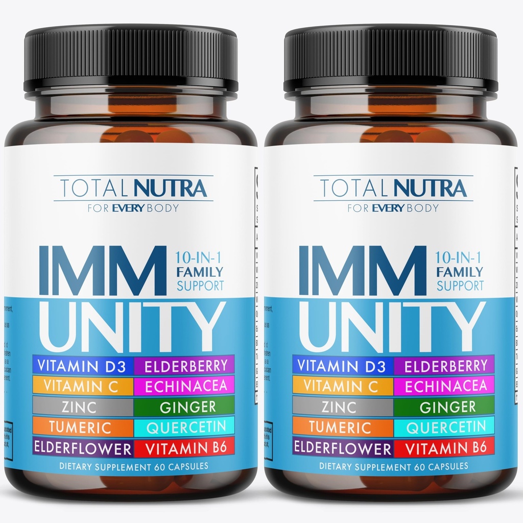 10-In-1 Supliment de sprijin imun: Boostere imune pentru adulți și copii de apărare zilnic imunitate cu cheie Sistem imunitar Vitamine Zinc, vitamina C și D, Plus Elderberry, Querbetin, echinacea & More, 60 Capace