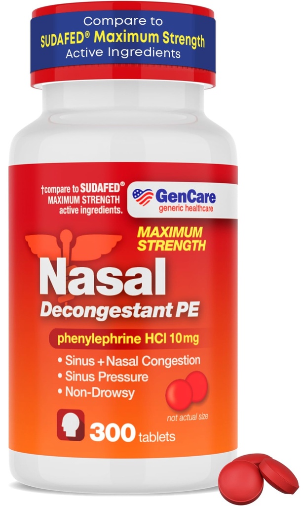 GenCare - Nasal Decongestant (10 mg comprimate) Fenilefrină HCl (300 comprimate pe flacon) 