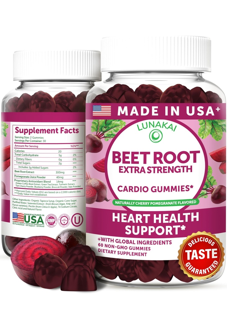 Lunakai Statele Unite ale Americii Made Root Gummies cu Blend antioxidant - Delicious non-GMO Sfecle Chews, 60ct