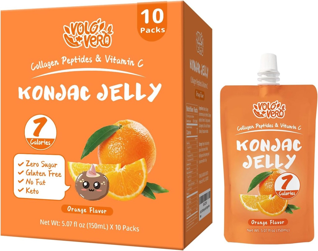 Konjac Jelly Pouch Drinkable Orange Flavor, Calorii scazute (7 Kcal), 10 Packs, Gluten Free, Keto, Sugar Free, Low Carb, Vitamina C Sanatos fructe gustari, Cadou de vacanta