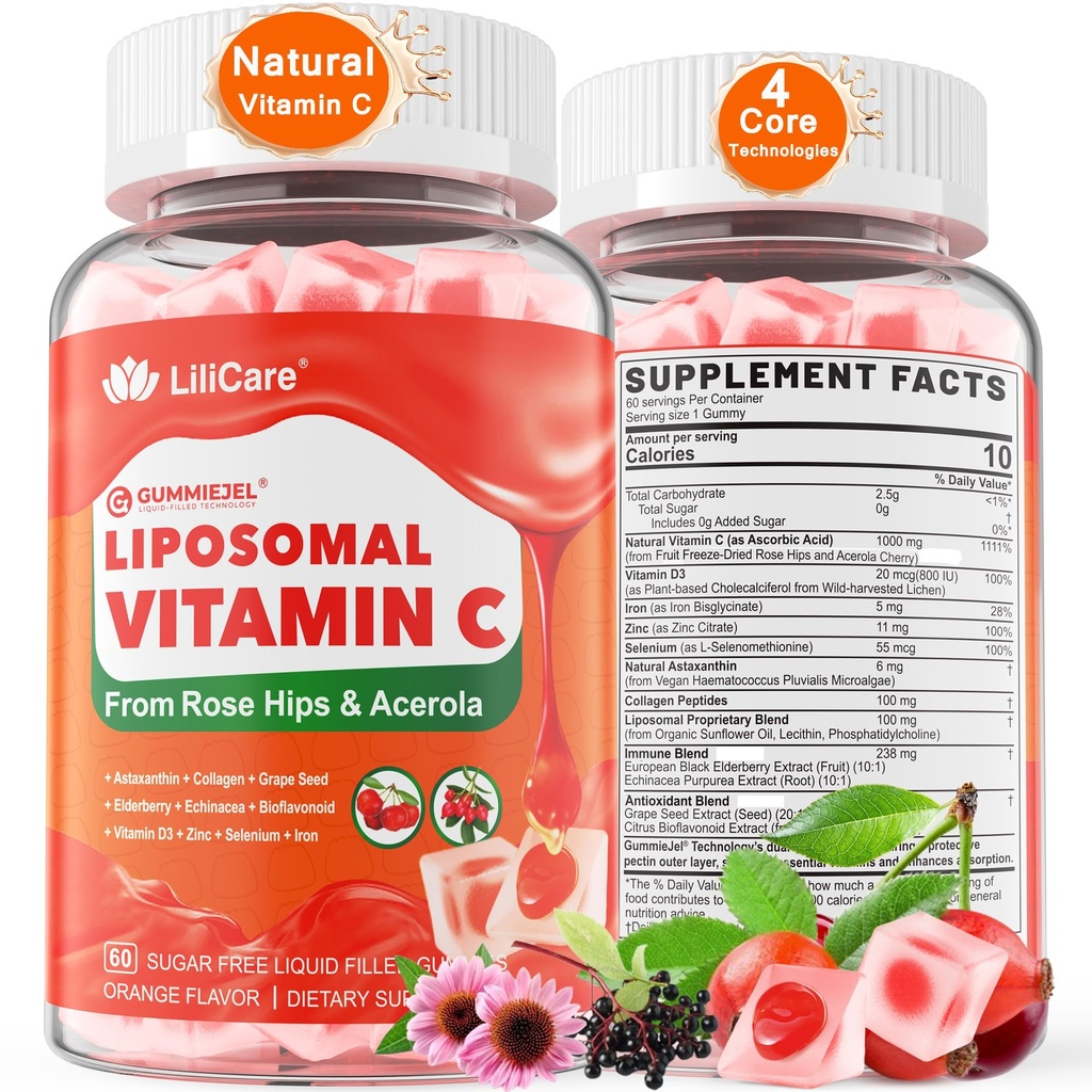 Vitamina lipozomala naturala C 1000 mg Gummie pentru adulti si copii 9+, Vitamina C masticabila C w/ 11mg Zinc, D3, Elderberry, Echinacea, , Bioflavonoid, Immune Support, Whole Food VIT C din fructe, Zahăr gratuit