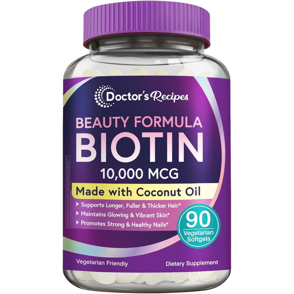 Retete de doctor Biotin 10000 mcg, parul de crestere, sanatos piele si unghii, energie metabolica, Vegetarian-Friendly Biotin, cu ulei de cocos, non-GMO, 3 luni de aprovizionare, 90 Vegetarian Softgels