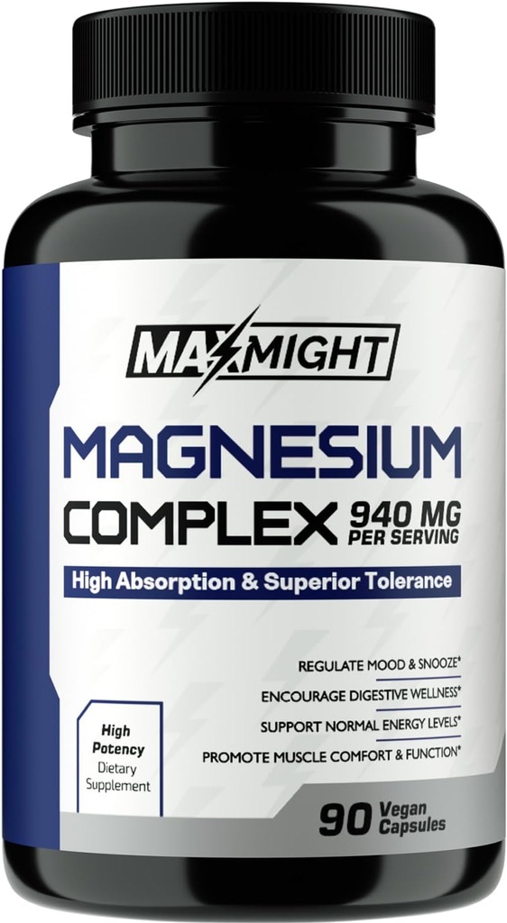 Complex de magneziu, 210 mg Magneziu Elemental, Glycinat, Citrate & Malate, Non-GMO, Absorbție maximă, mușchi, Mood, Energie, 90 capsule Vegan