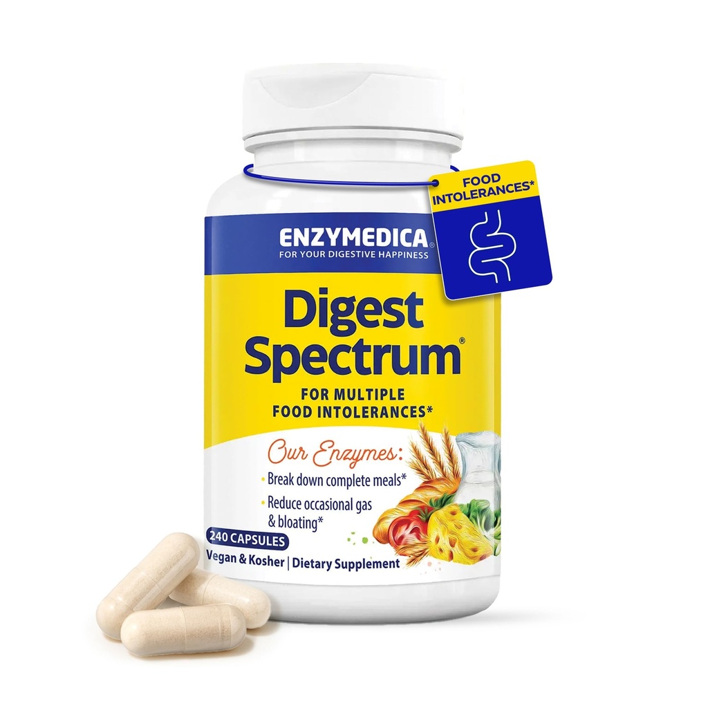 Enzymedica Digest Spectrum, Advanced Digestive Enzime pentru Femei și Bărbați, Sprijină Digestia și Intoleranțe Multiple Alimente, Formula Rapid-Actionare pentru Gaz și Ajutor Blooting, 240 Capsule