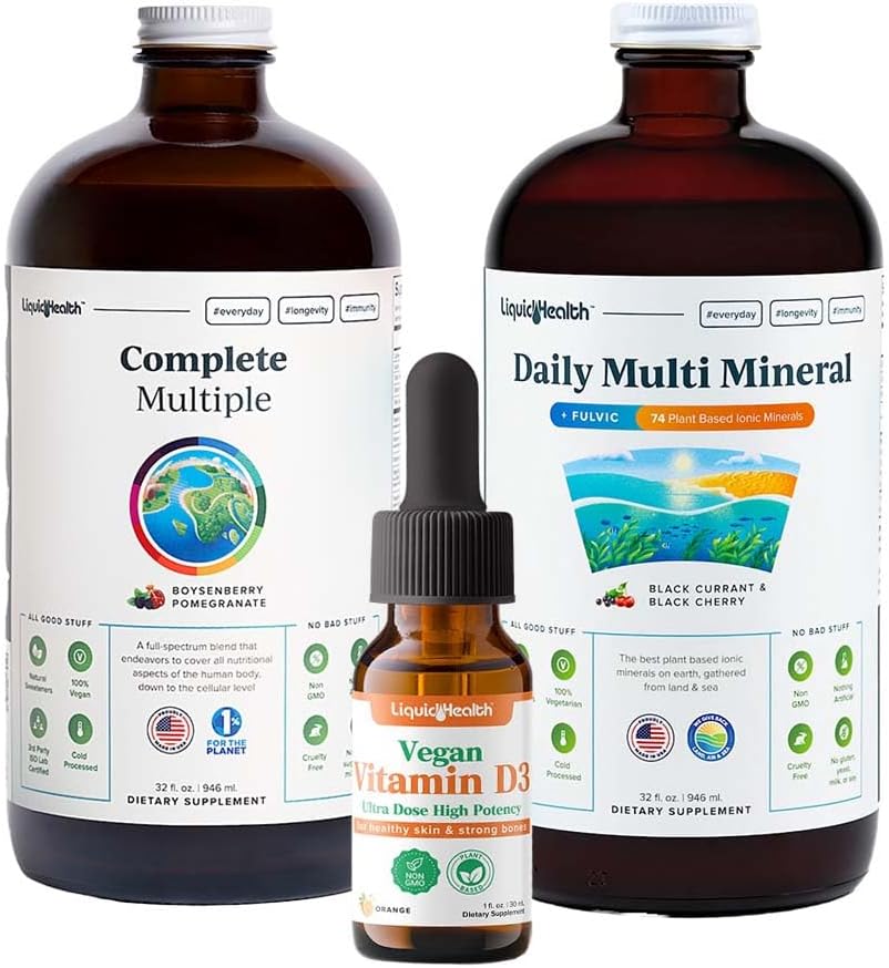 LIQUIDHEALTH Ultra Imunity Liquid Vitamina Bundle pentru adulții cu multivitamine complete, Daily Multi Minerale și picături de vitamina D3 Vegan - Suport imun Vitamine, Alimente integrale, Vegan, Non OMG