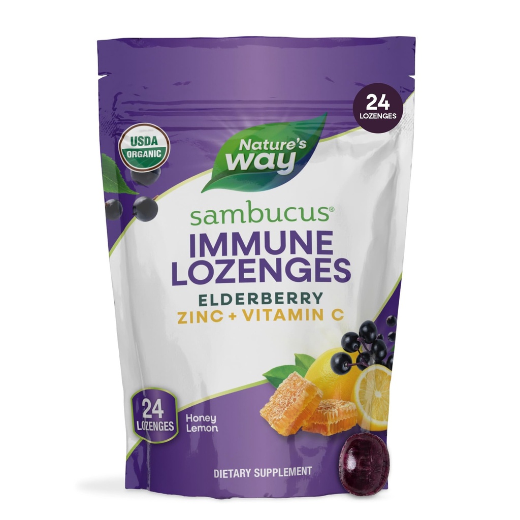 Natura's Way Sambucus Zinc Lozenges cu Elderberry and Vitamina C, Honey Lemon Flavor, 24 Lozenges