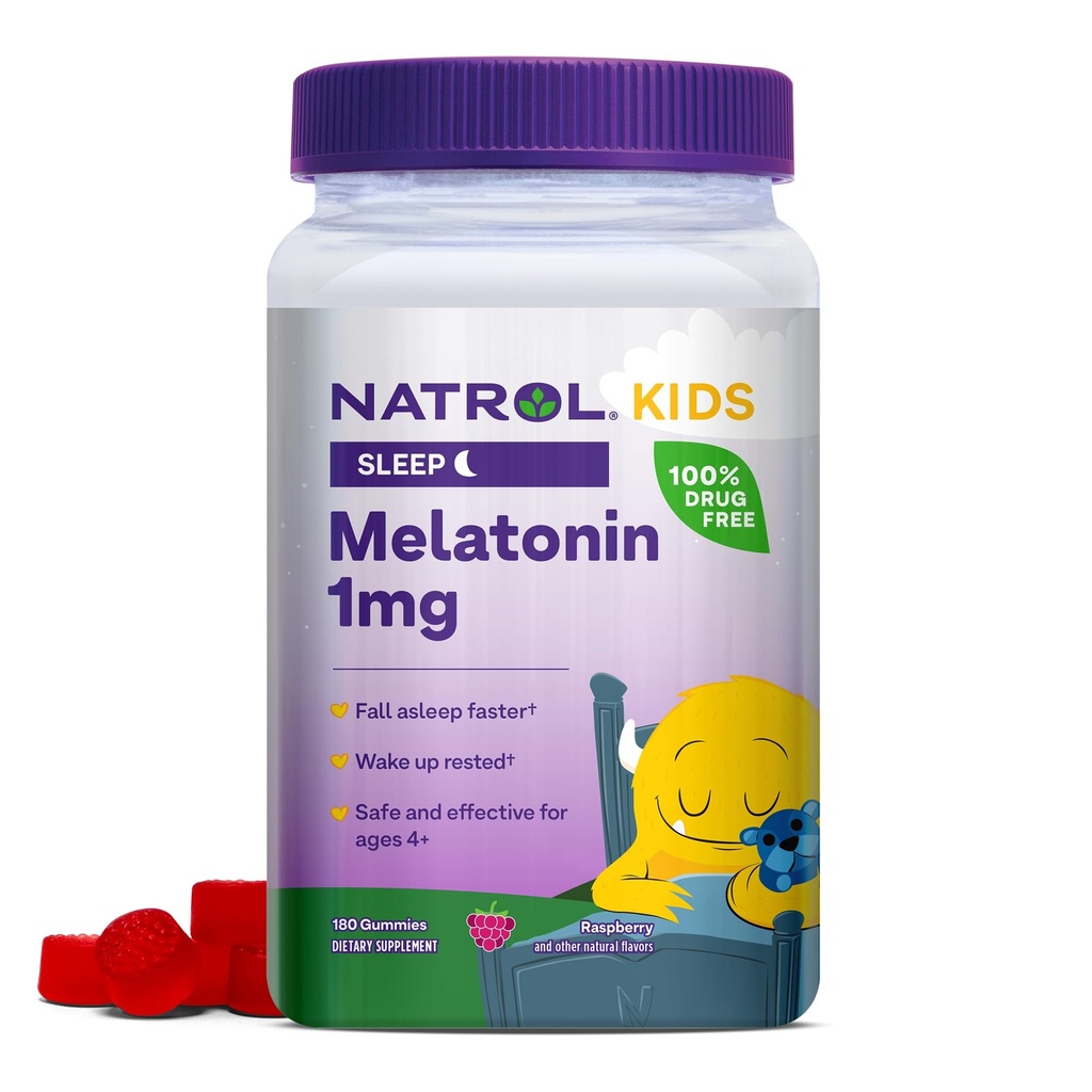 Natrol Kids Melatonina 1 mg, Supliment alimentar pentru somn odihnitor, Melatonina Gumies pentru copii, 180 Zmeură-Flavored Gumies, până la o aprovizionare 180 zile
