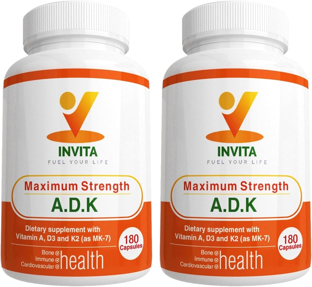 INVITA ADK - Vitaminele A1, Vitamina D3 5000 UI & K2 MK7 Supliment - Medicul Formulat Bone & Immune System Support - Gluten gratuit, non-GMO - 180 Capsule vegetariene pentru bărbați și femei