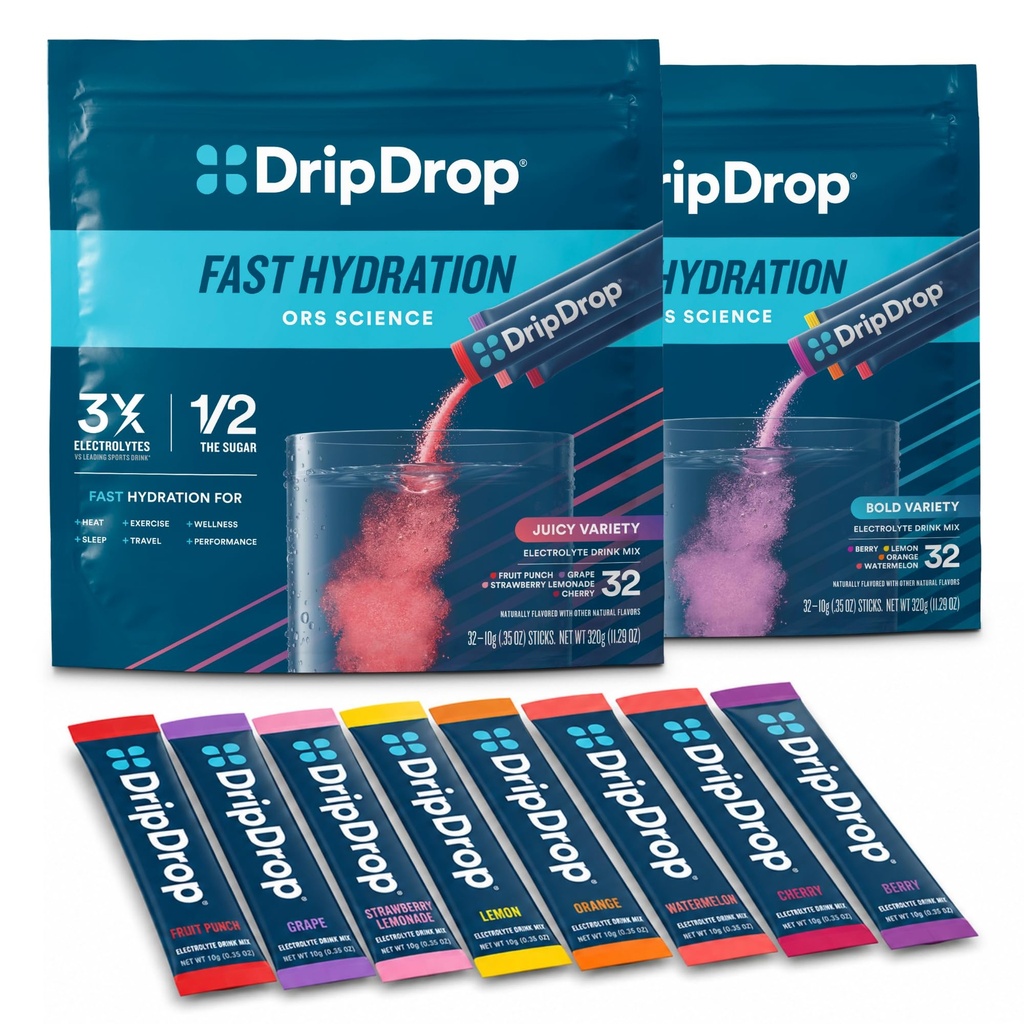 DripDrop Hydration - Pachete cu pulbere electrolit - Pepene verde, Berry, Lemon, Portocaliu, Punch de fructe, Struguri, Limonadă de căpșuni, Cherry - 64 Conte